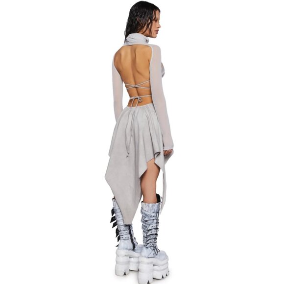 NWT Darker Wavs Off White Jersey and Mesh Cut Out Maxi Dress w. Mask Turtleneck - Picture 4 of 10